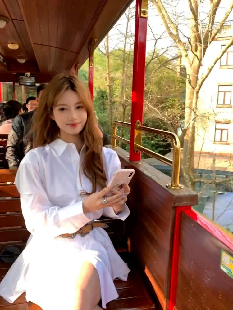 French White Collared Long-Sleeve Shirt Waist-Cinched Mini Dress