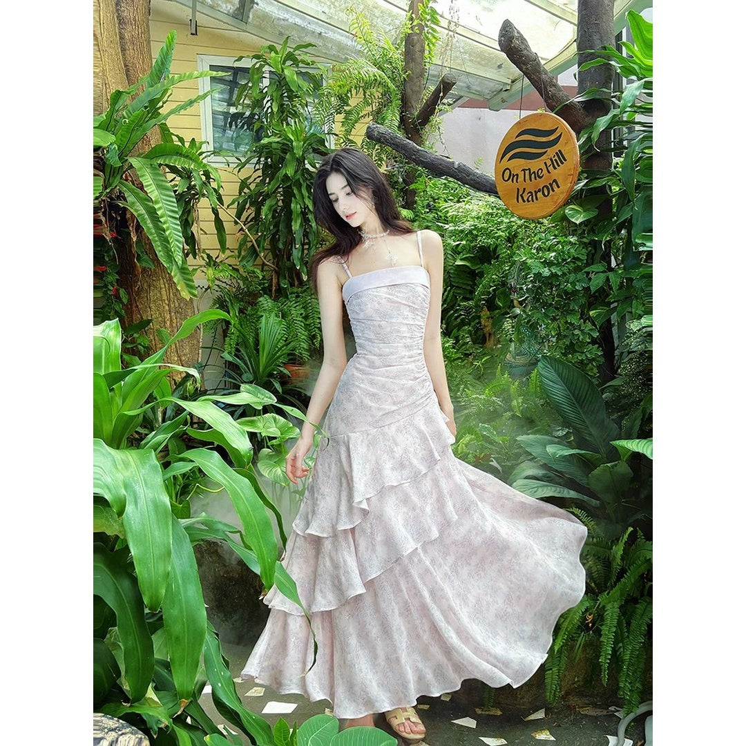 Pink Ruffle Spaghetti Gown Prom Dress