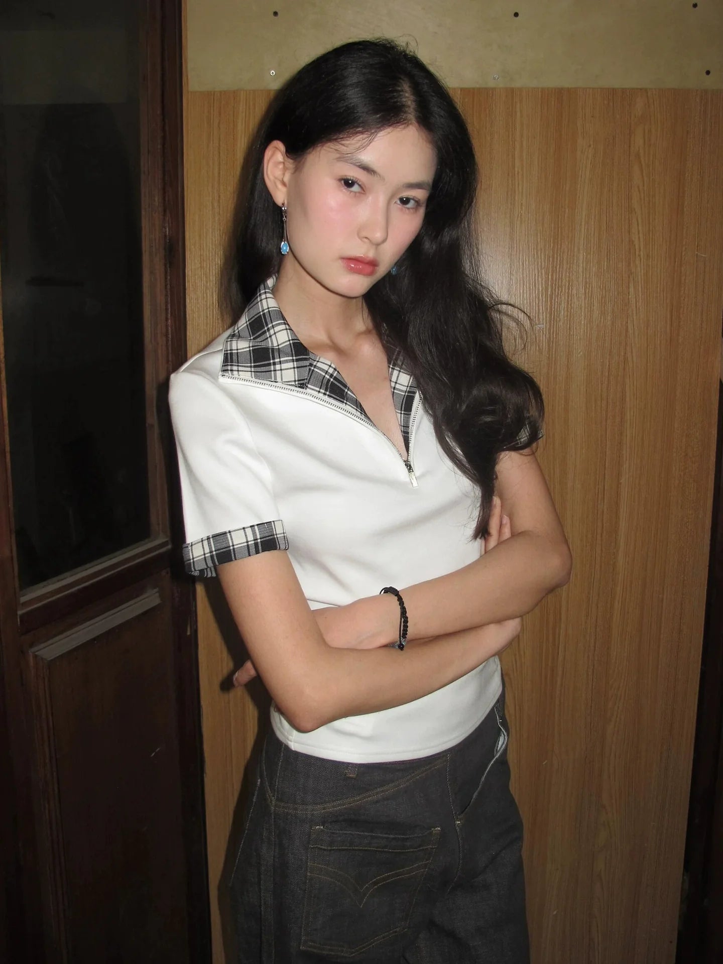 American White Stand Collar Polo Tee Summer Checkered Patchwork Short Sleeve Top