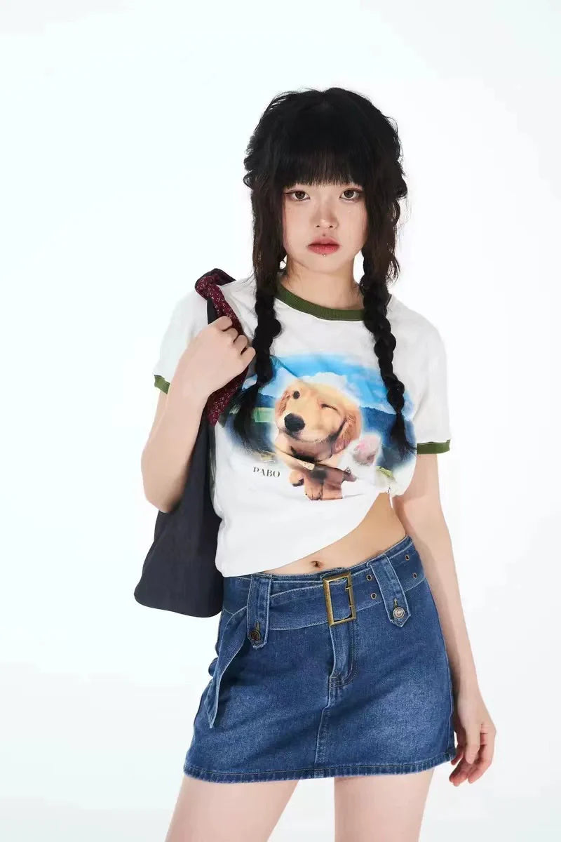 Milky White Subculture Y2K Soft Girl Puppy & Cat Print Short Top