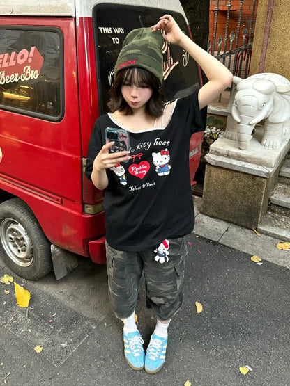 American Black Off-Shoulder Tee Kitty Print Loose Top