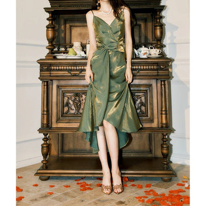 Green Waist-Flattering Spaghetti Gown Dress