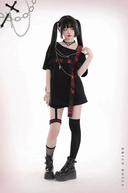 Black Subculture Punk Y2K E-girl Dark-Style Black & Red Cross Off-Shoulder Oversized Short Sleeve Top