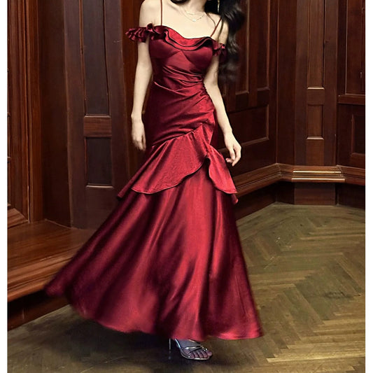 French Satin Off Shoulder Red Ruffle Gown Dress