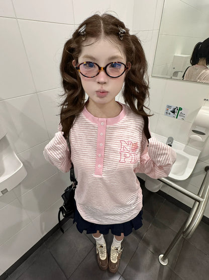 Pink Striped Henley Long Sleeve Loose T Shirt Summer Top