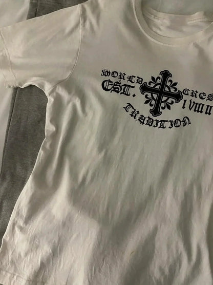 White Subculture Y2K E-girl Abi American Retro Vintage Print Short Sleeve Top