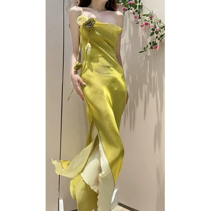 Elegant French Double Layer Draped Slit Spaghetti Strap Gown Dress