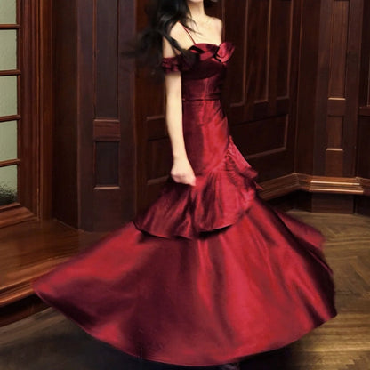 French Satin Off Shoulder Red Ruffle Gown Dress