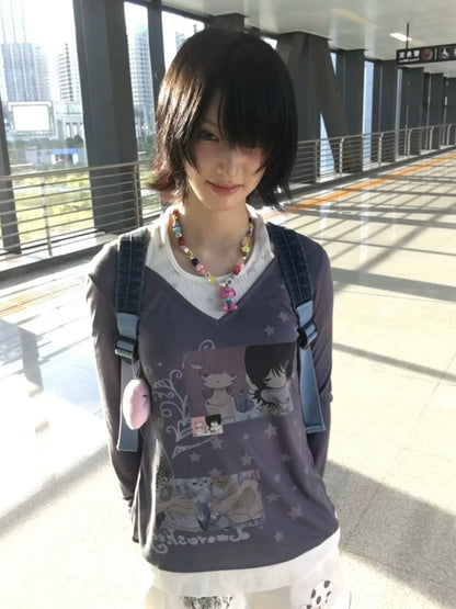 Cute Y2K Layered Long Sleeve Tee Cat Girl Print