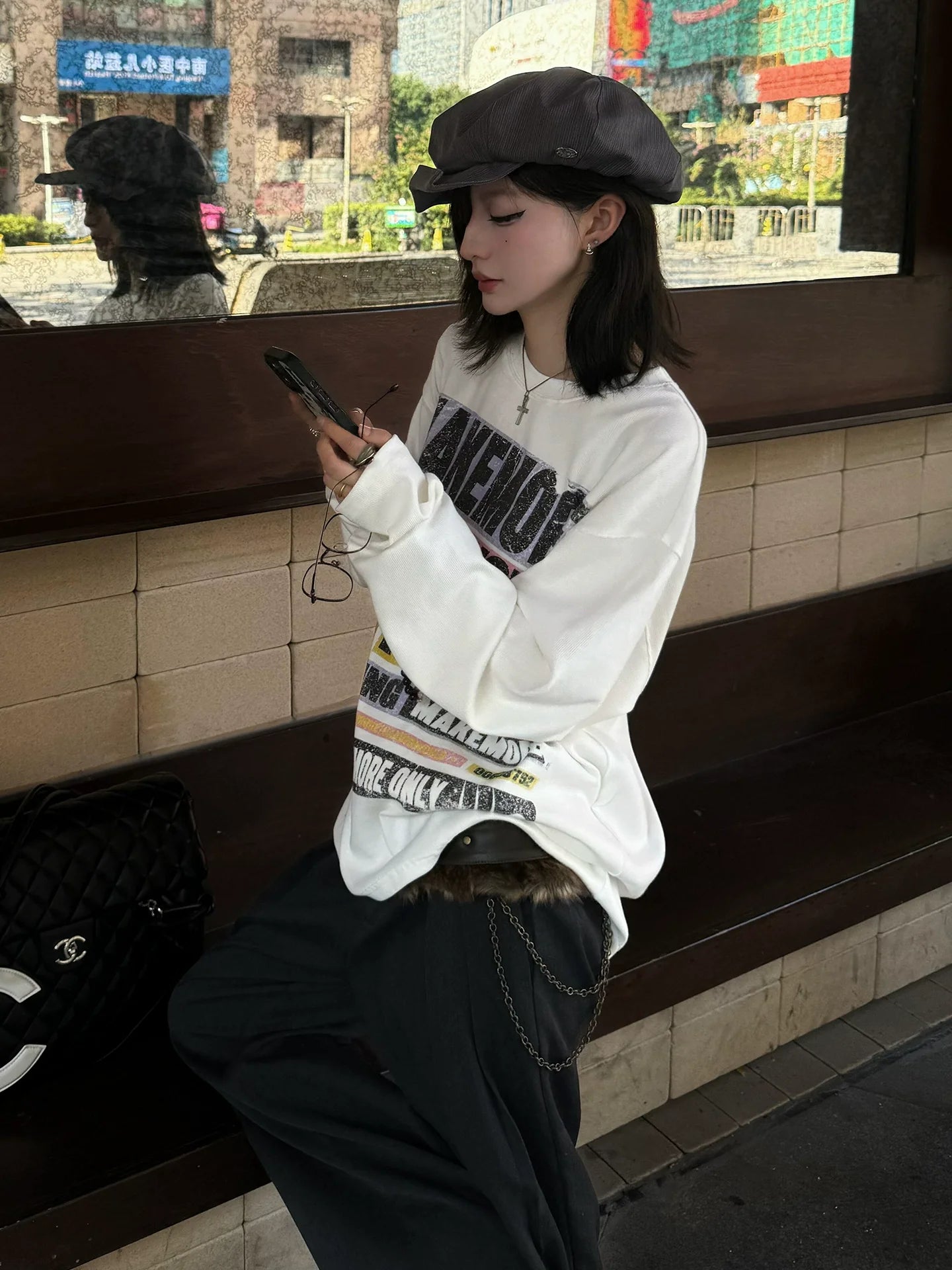 American Street Letter Print Long Sleeve Tee Autumn Round Neck Loose Fit Unisex Top