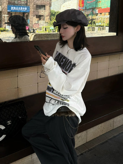 American Street Letter Print Long Sleeve Tee Autumn Round Neck Loose Fit Unisex Top