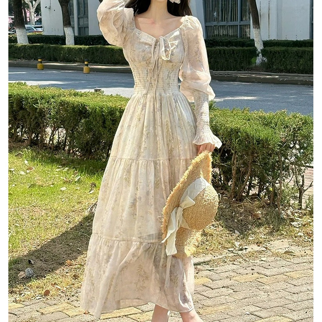 French Printed Puff Sleeve Resort Gown Dress