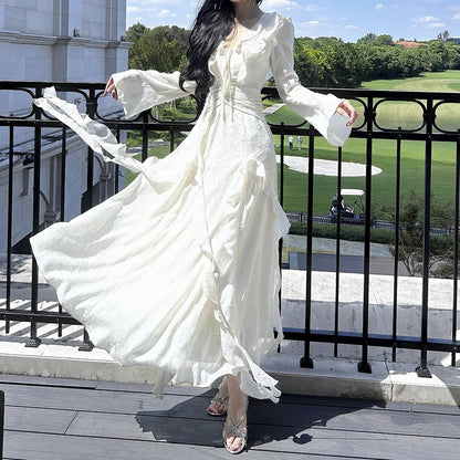 French Fairy V Neck Long Sleeve Ruffle Mermaid Gown Dress