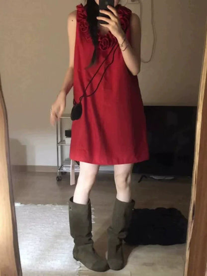 Red French-Inspired Sleeveless Mini Dress With 3D Rose Details