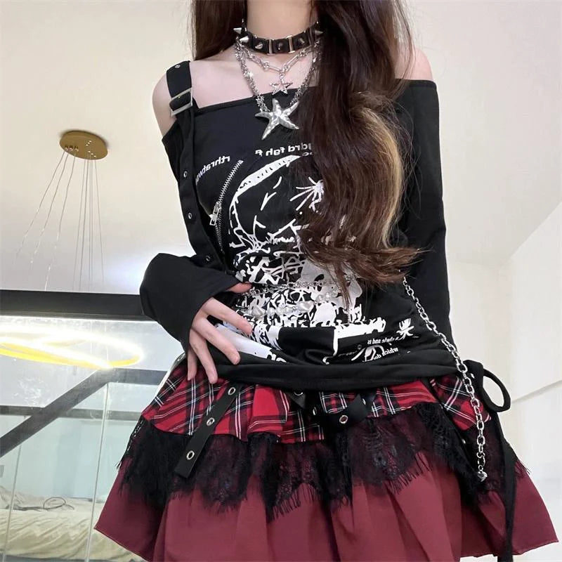 Black Drawstring Off-Shoulder Long Sleeve Tee Y2K Top