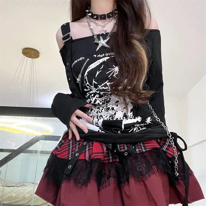 Black Drawstring Off-Shoulder Long Sleeve Tee Y2K Top