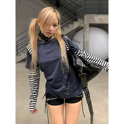 Y2K Striped Colorblock Long Sleeve Layered T Shirt Top
