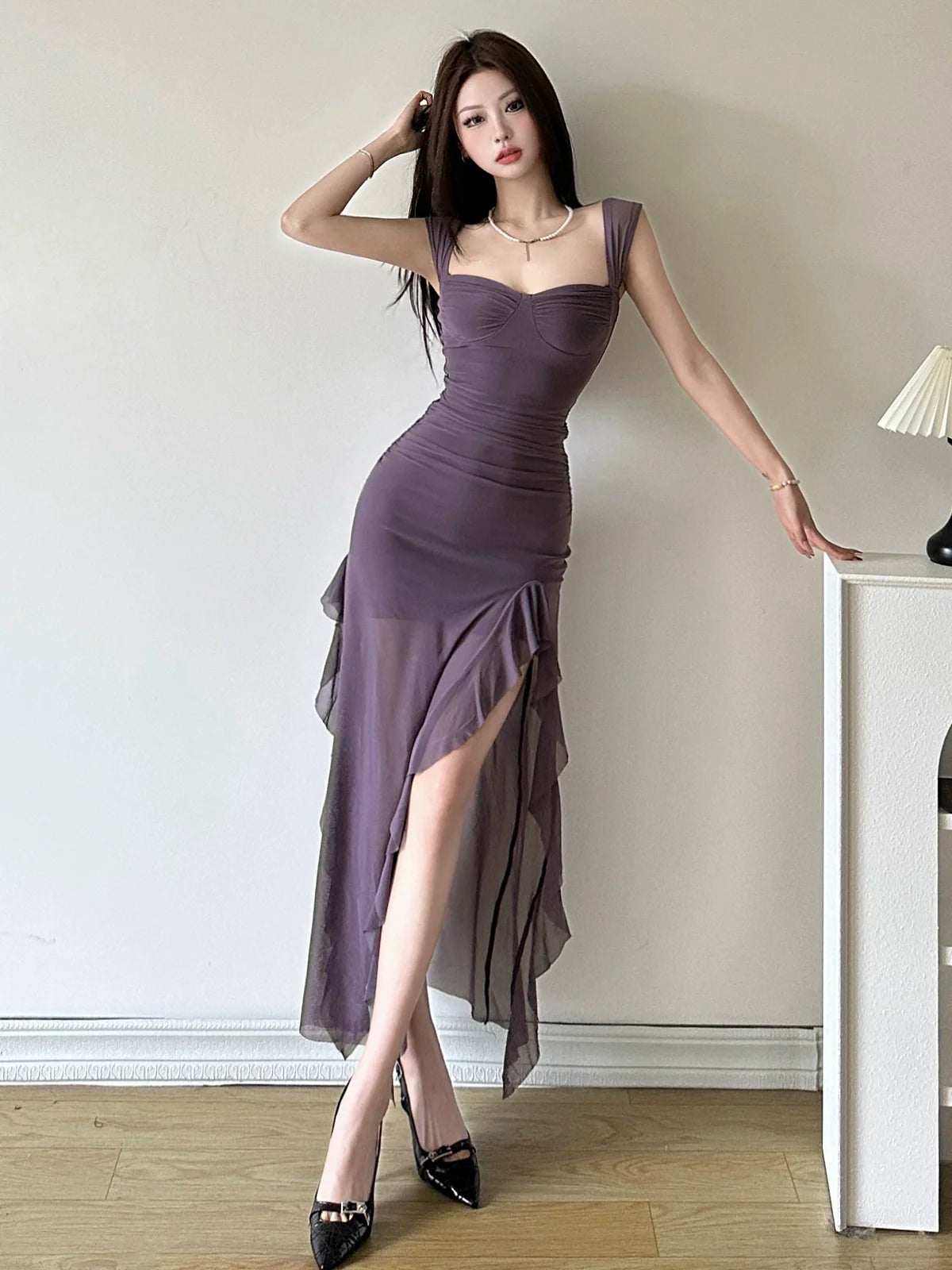 Soft Sexy Ruffle-Paneled Waist-Cinched High-Slit Maxi Dress