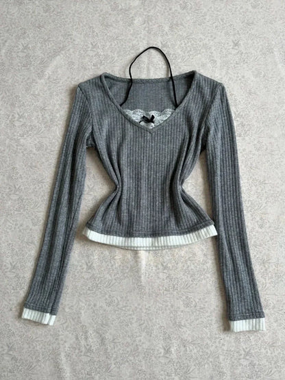 Gray V-neck Fake Two-Piece Subculture Y2K E-girl Light Subculture Vintage  Long Sleeve Top