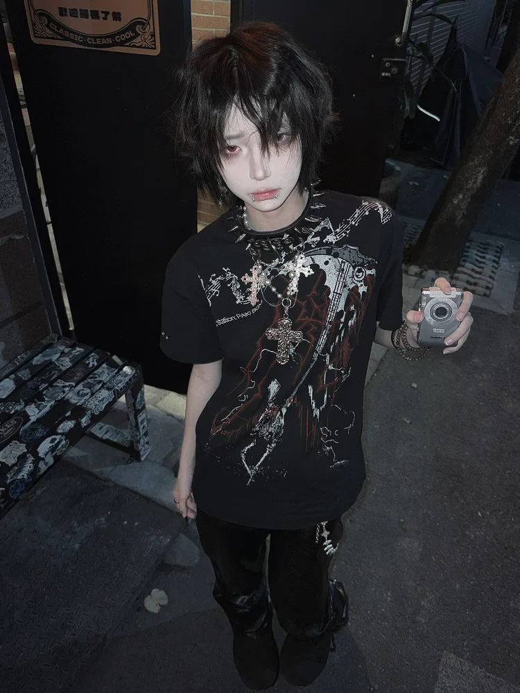 Y2K Subculture Black Polo Tee Punk Visual Kei Top