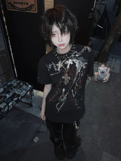 Y2K Subculture Black Polo Tee Punk Visual Kei Top