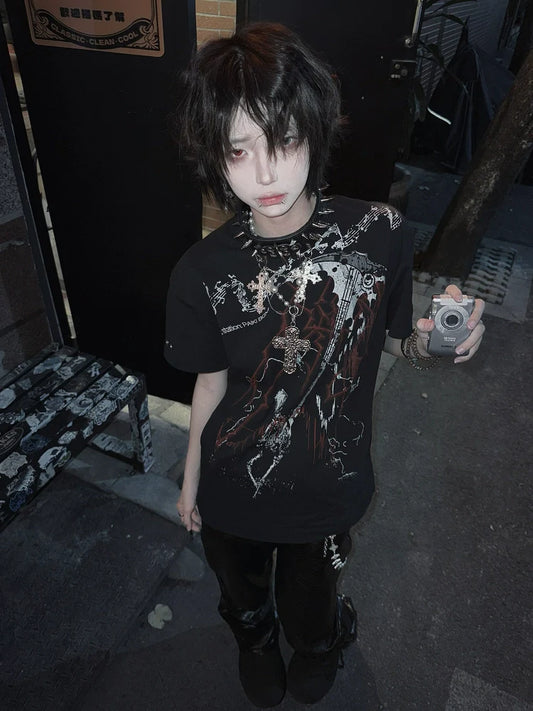 Y2K Subculture Black Polo Tee Punk Visual Kei Top