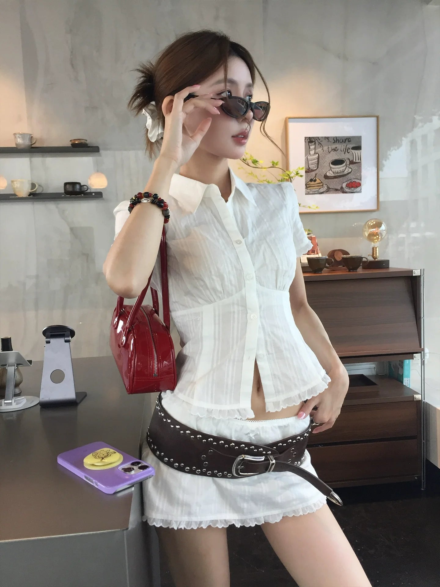 Preppy White Fitted Shirt  Structured Shoulder Waist-Cinched Short Sleeve Top