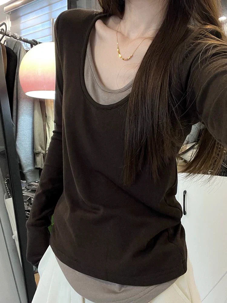 Coffee Fake Two-Piece Subculture Y2K E-girl Light Subculture Vintage Retro Long Sleeve Top