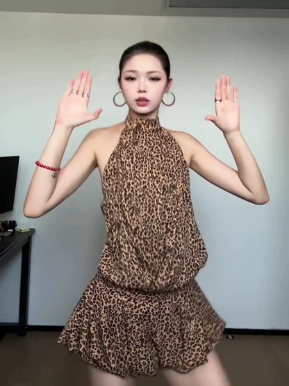 American E-girl Leopard Print Halter Waist-Cinched Open-Back Dress
