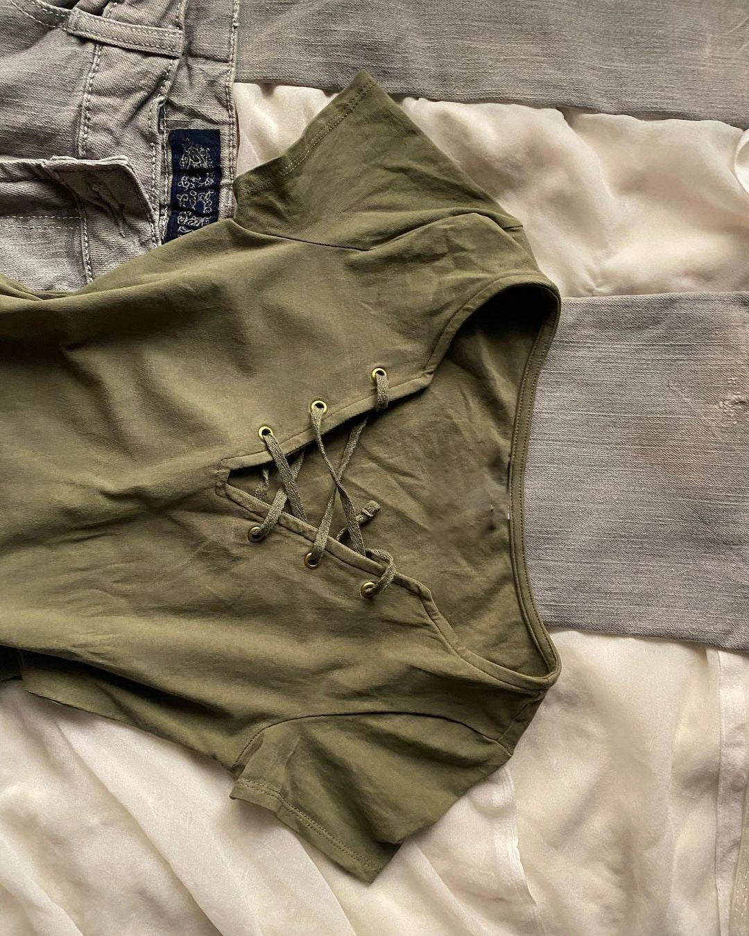 Army Green Subculture Original Y2K E-girl Retro V-neck Tie-Detail Slim-Fit Short Sleeve Top