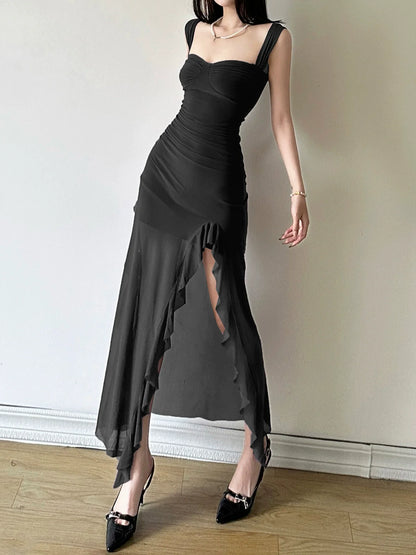 Soft Sexy Ruffle-Paneled Waist-Cinched High-Slit Maxi Dress