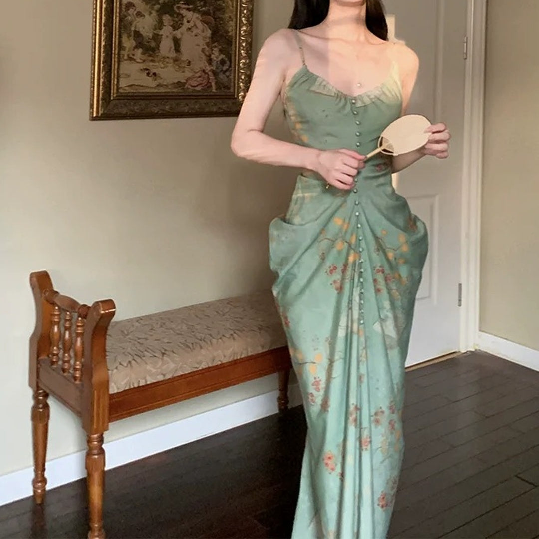 Modern Chinese Vintage Green Spaghetti Gown Dress