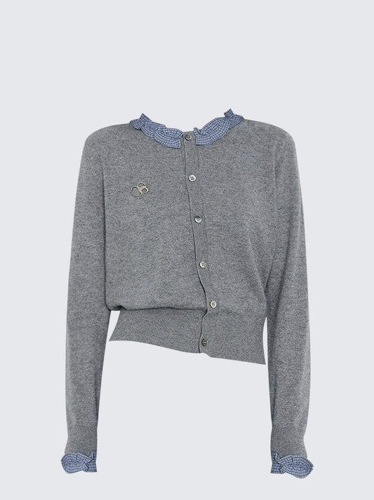 Ruffle Layered Gray Knit Cardigan Women