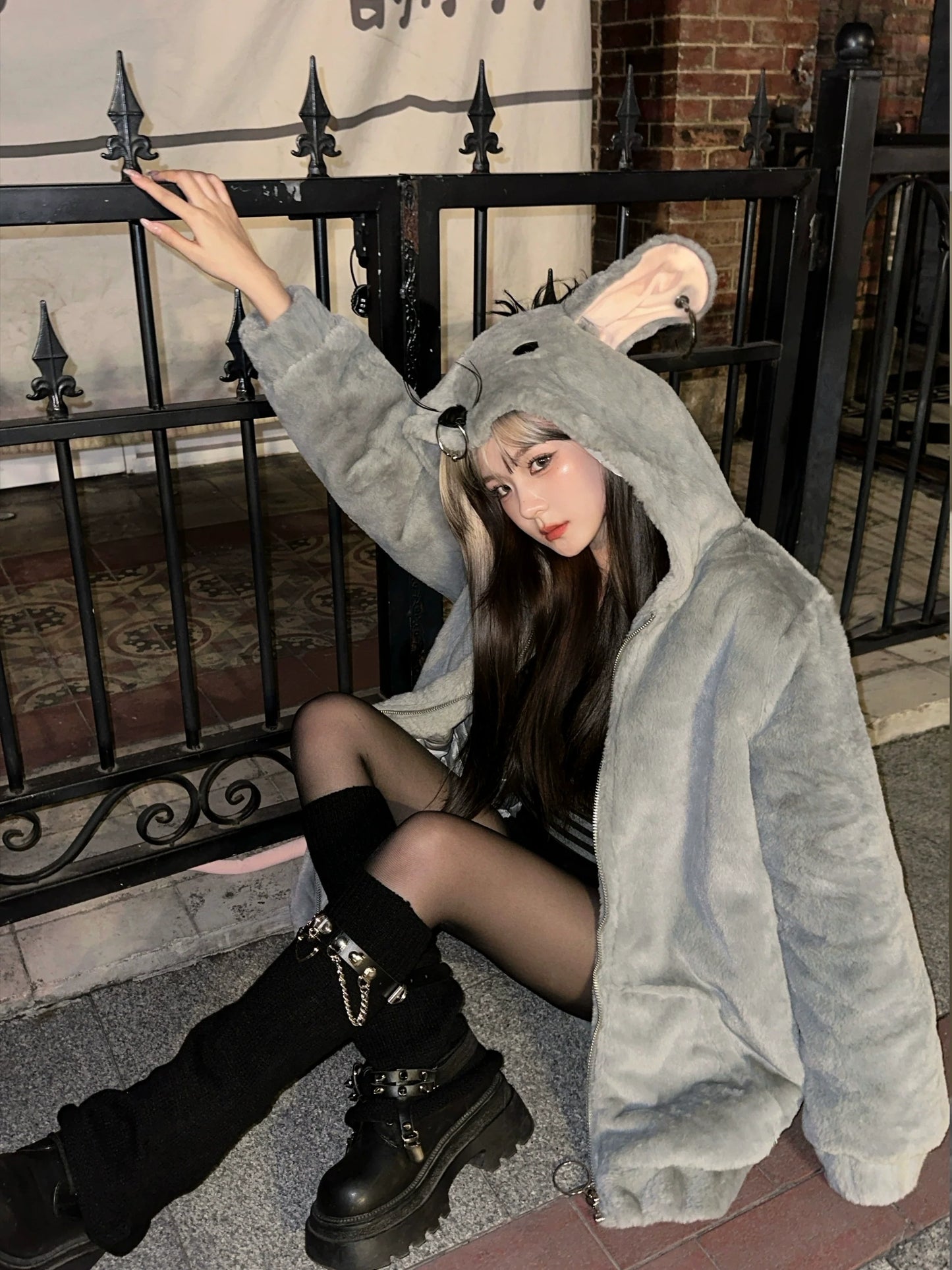 Punk Mouse Ear Faux Fur Coat