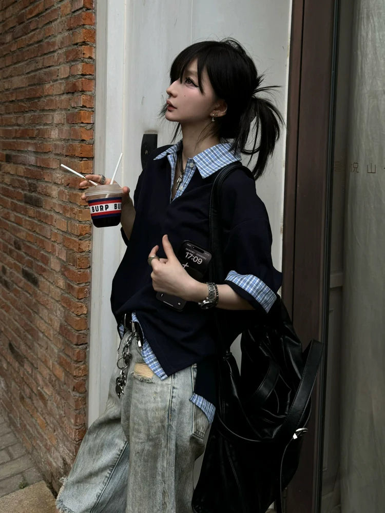 Navy Fake Two Piece Polo Top