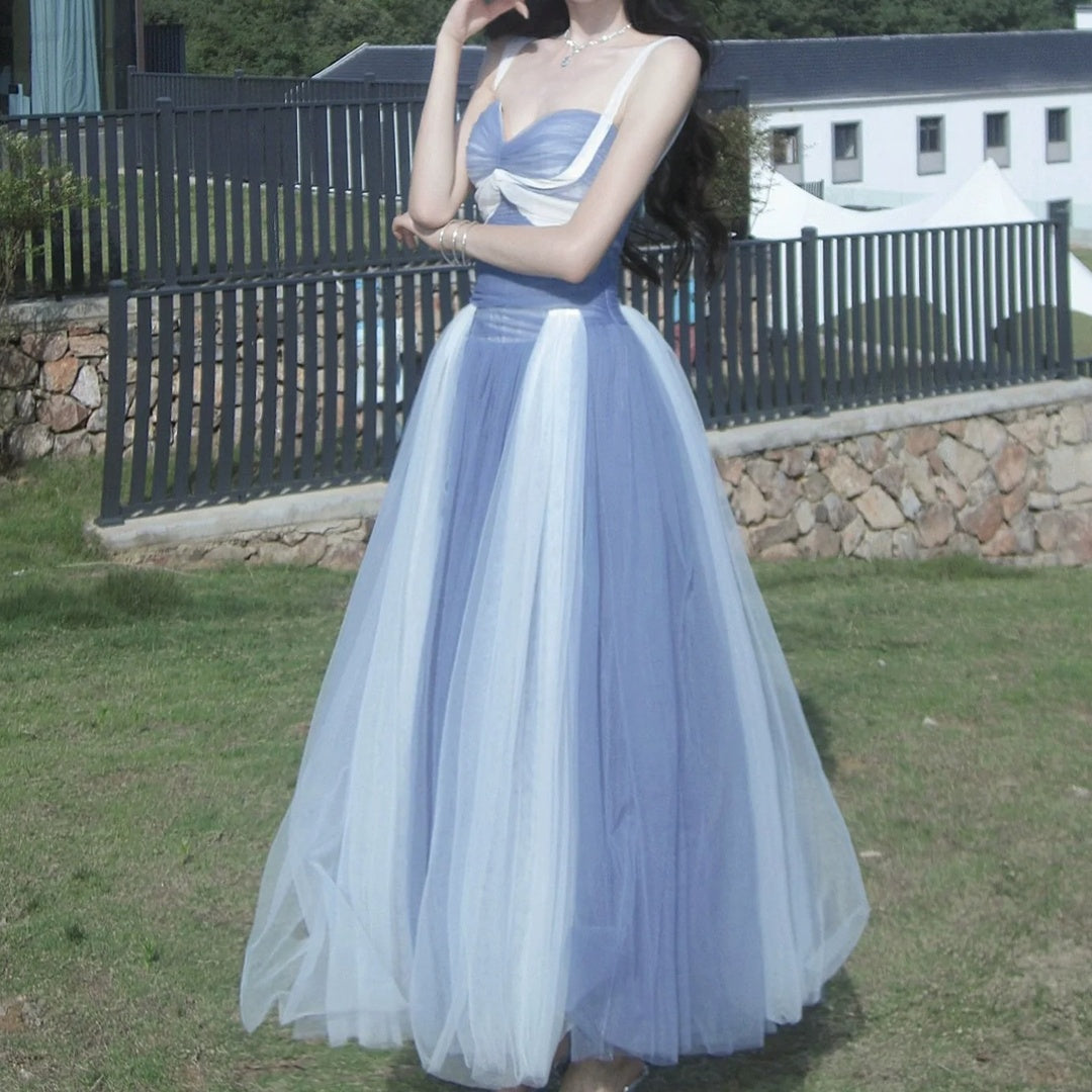French Tulle Splice Spaghetti Strap Gown Dress – Colorblock Puff Skirt