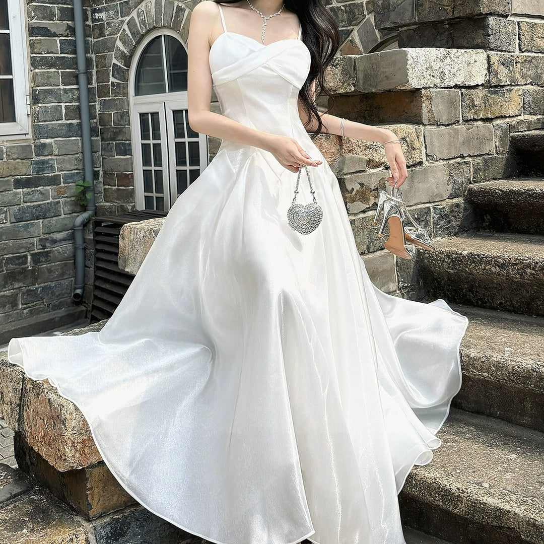 French White Satin Spaghetti Strap Gown Dress