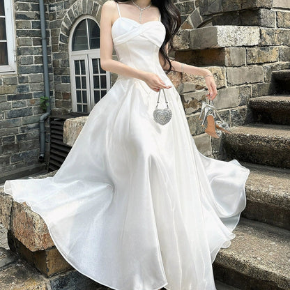 French White Satin Spaghetti Strap Gown Dress