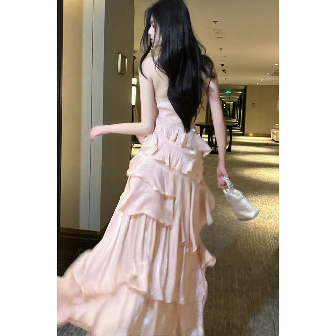 French Pink Halter Ruffle Gown Dress