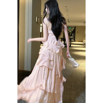 French Pink Halter Ruffle Gown Dress