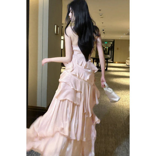 French Pink Halter Ruffle Gown Dress