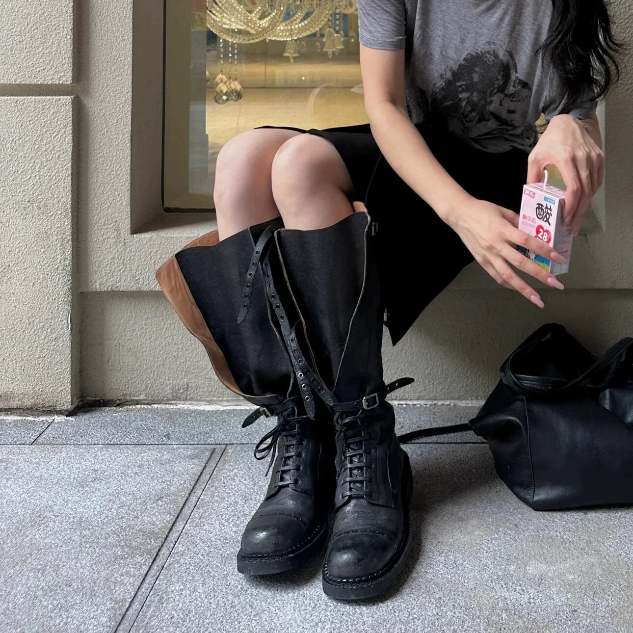 Genuine Leather Lace Up Platform Chunky Heel Knee High Biker Women's Boots