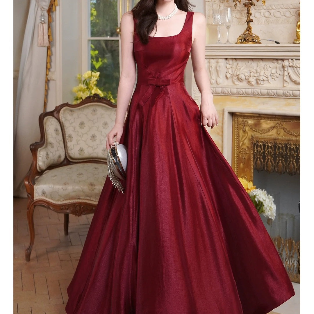 French Red Vintage Waist Full Skirt Gown Dress