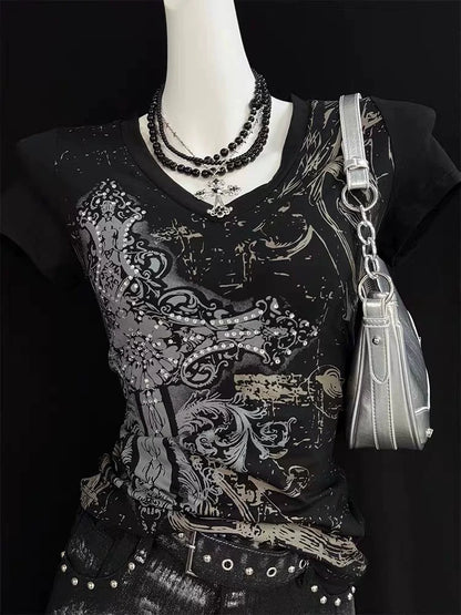 Black Subculture Gothic Rock Punk Y2K E-girl Print V-neck Waist-Cinched Short Sleeve Top