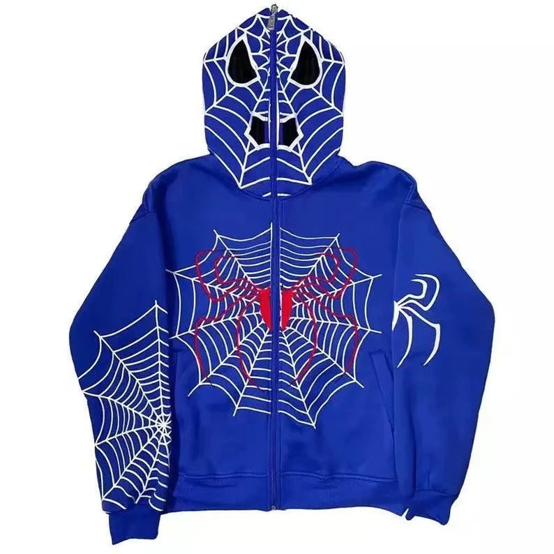 Red Y2K Punk Spider-Web Zip-Up Hoodie