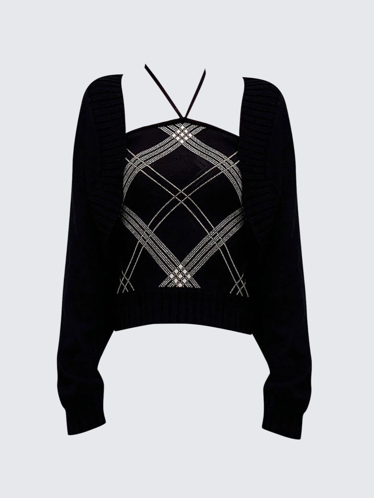 Knitted Plaid Halter Long Sleeve Cardigan Set