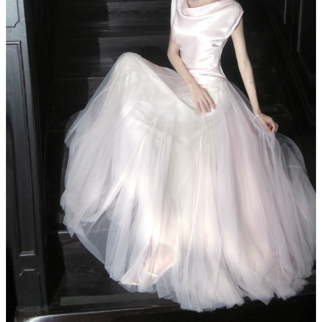 French Pink Satin Top Tulle Half Skirt Gown Set