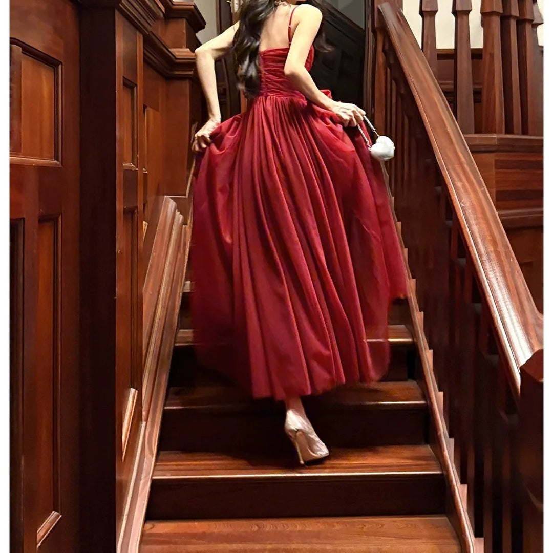 French Ballet Red Mesh Spaghetti Strap Gown Dress