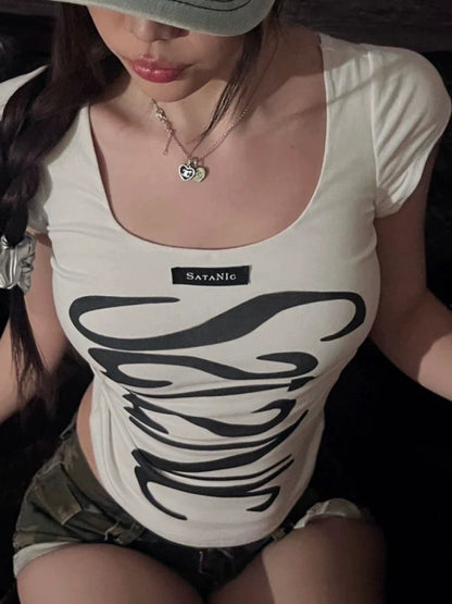 Black American Vintage Visual Kei Tie Open-Back Letter Y2K T-Shirt