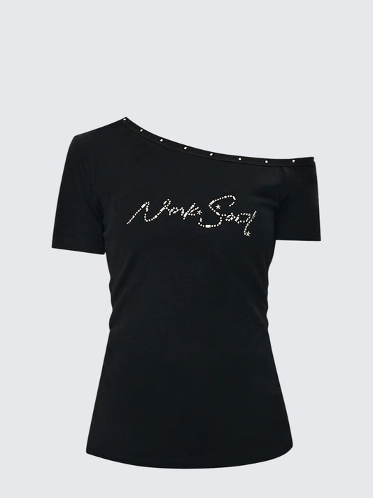 American One Shoulder Rhinestone T-Shirt